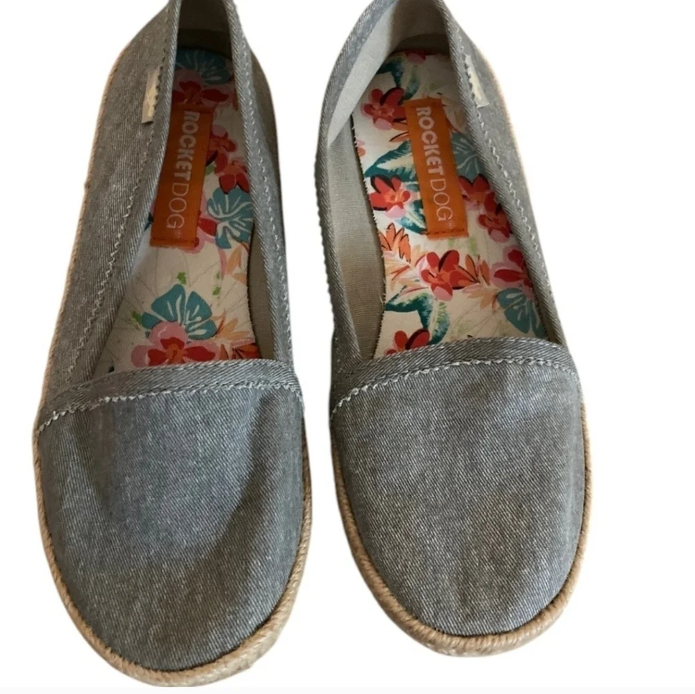 Rocket Dog Shoes Womens Size 6.5 Denim Espadrille Flats Slide On Blue Tan White